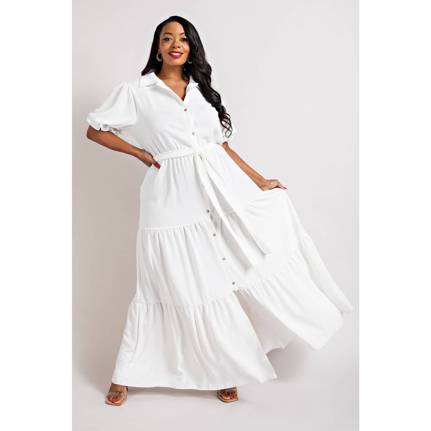 PLUS - BUTTON DOWN MAXI SHIRT DRESS: BLACK