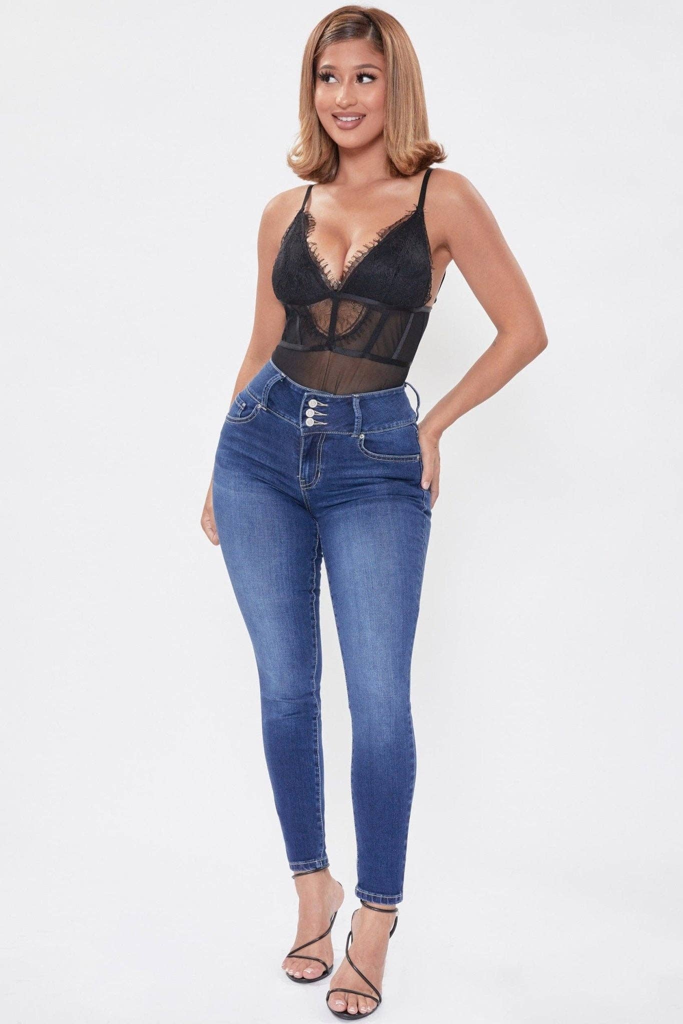 Junior 3 Button High-Rise Skinny Jeans / DKBLU RIP&TEAR S1861