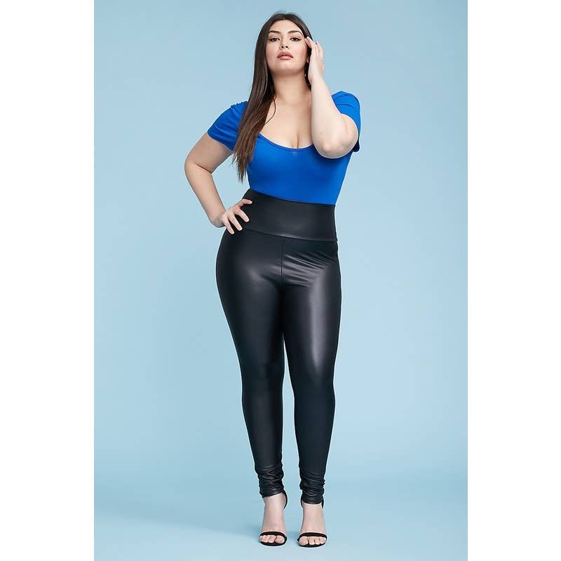 PLUS - Faux leather HW Leggings: BLACK
