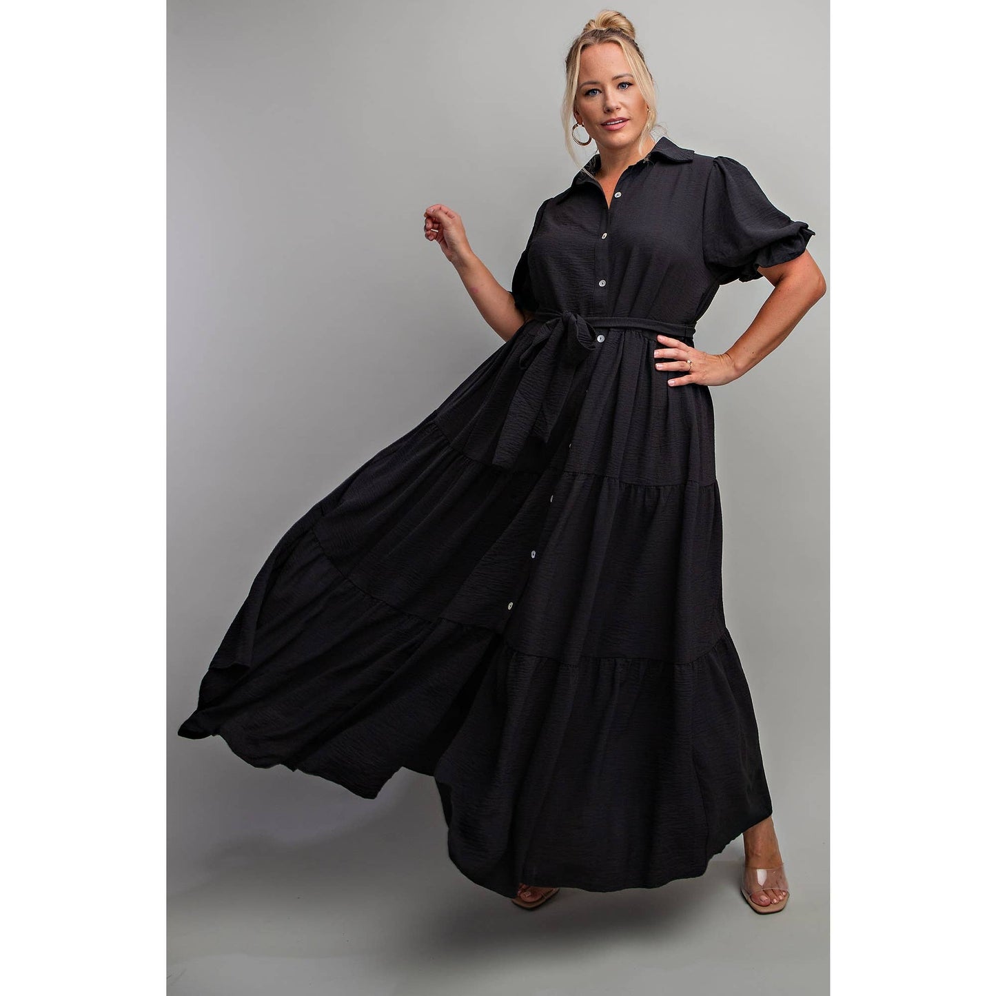 PLUS - BUTTON DOWN MAXI SHIRT DRESS: BLACK