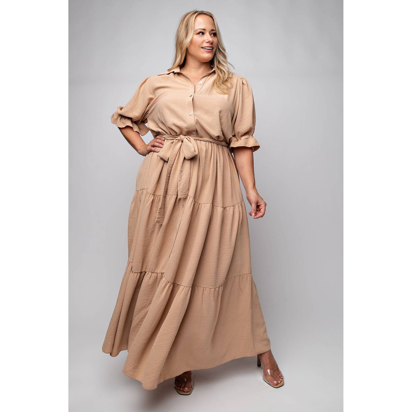 PLUS - BUTTON DOWN MAXI SHIRT DRESS: BLACK