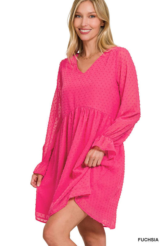 SWISS DOT LONG SLEEVE V-NECK DRESS / FUCHSIA