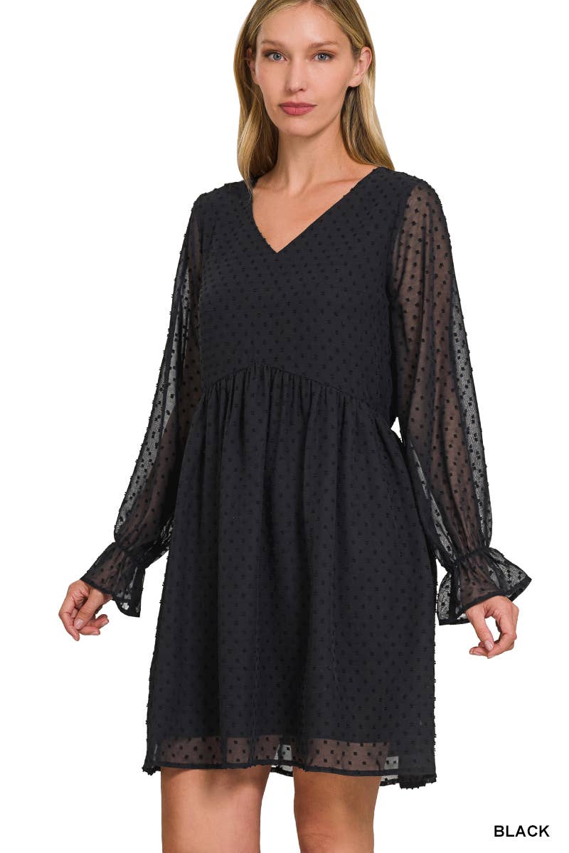 SWISS DOT LONG SLEEVE V-NECK DRESS / BLACK