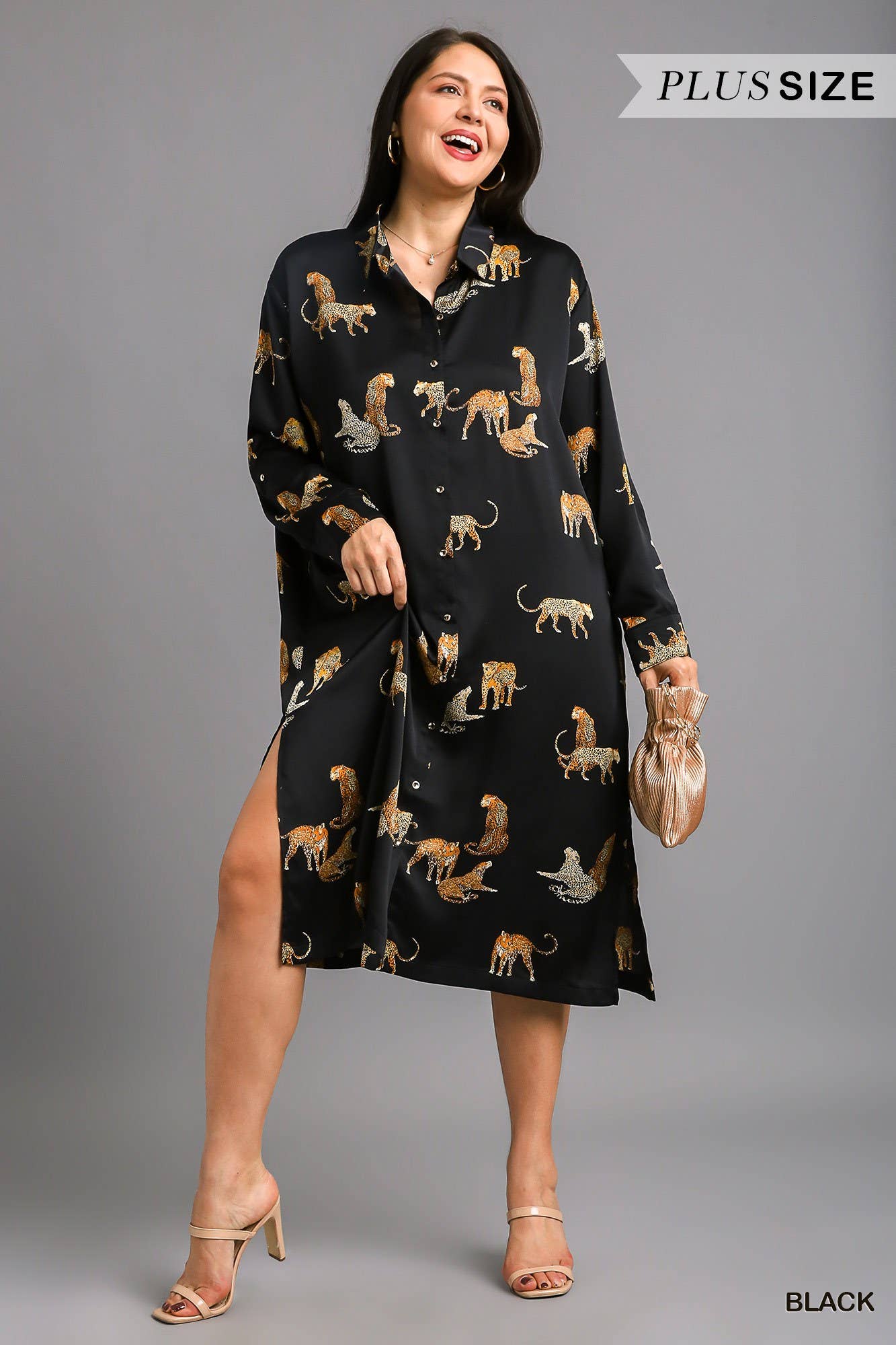 Plus Animal Print Button Down Midi Dress Cardigan / BLACK