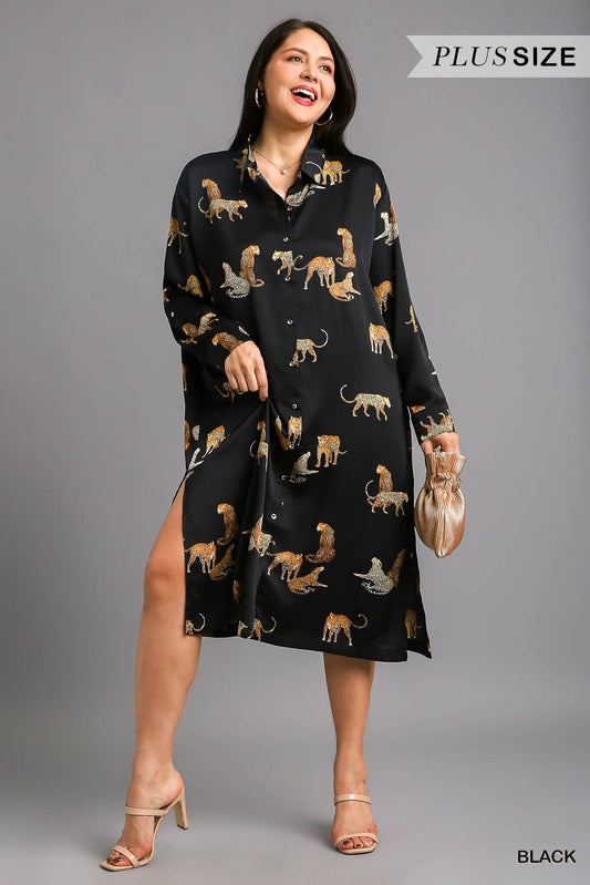 Plus Animal Print Button Down Midi Dress Cardigan / BLACK